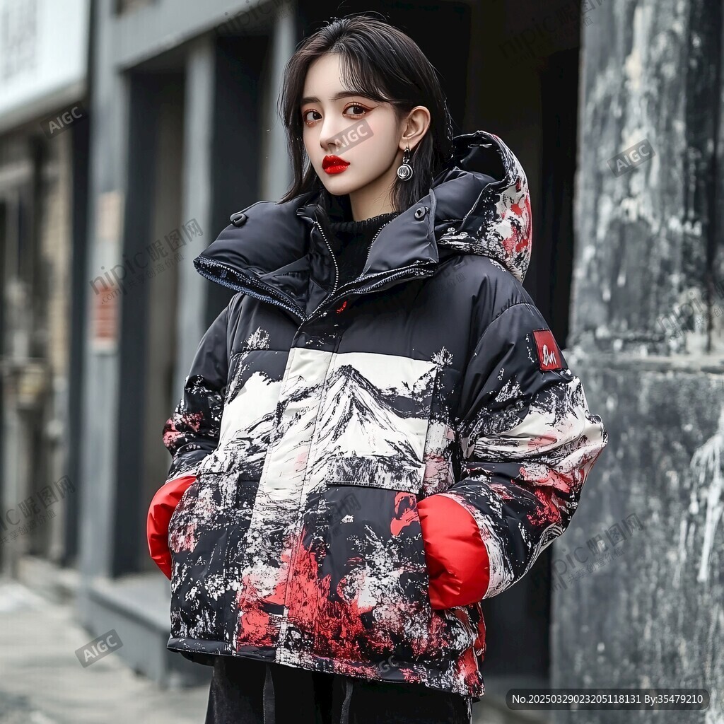 時(shí)尚女士穿著個(gè)性印花羽絨服