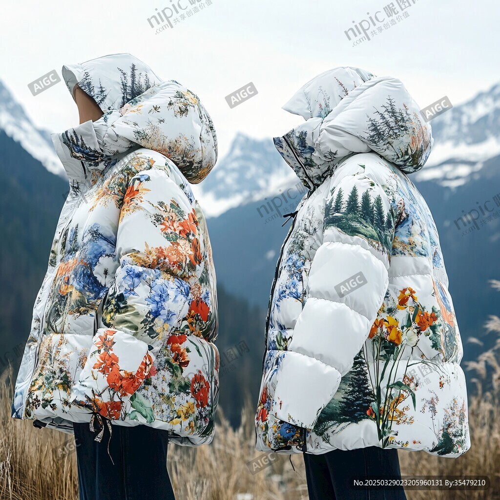 雪山下的印花羽絨服