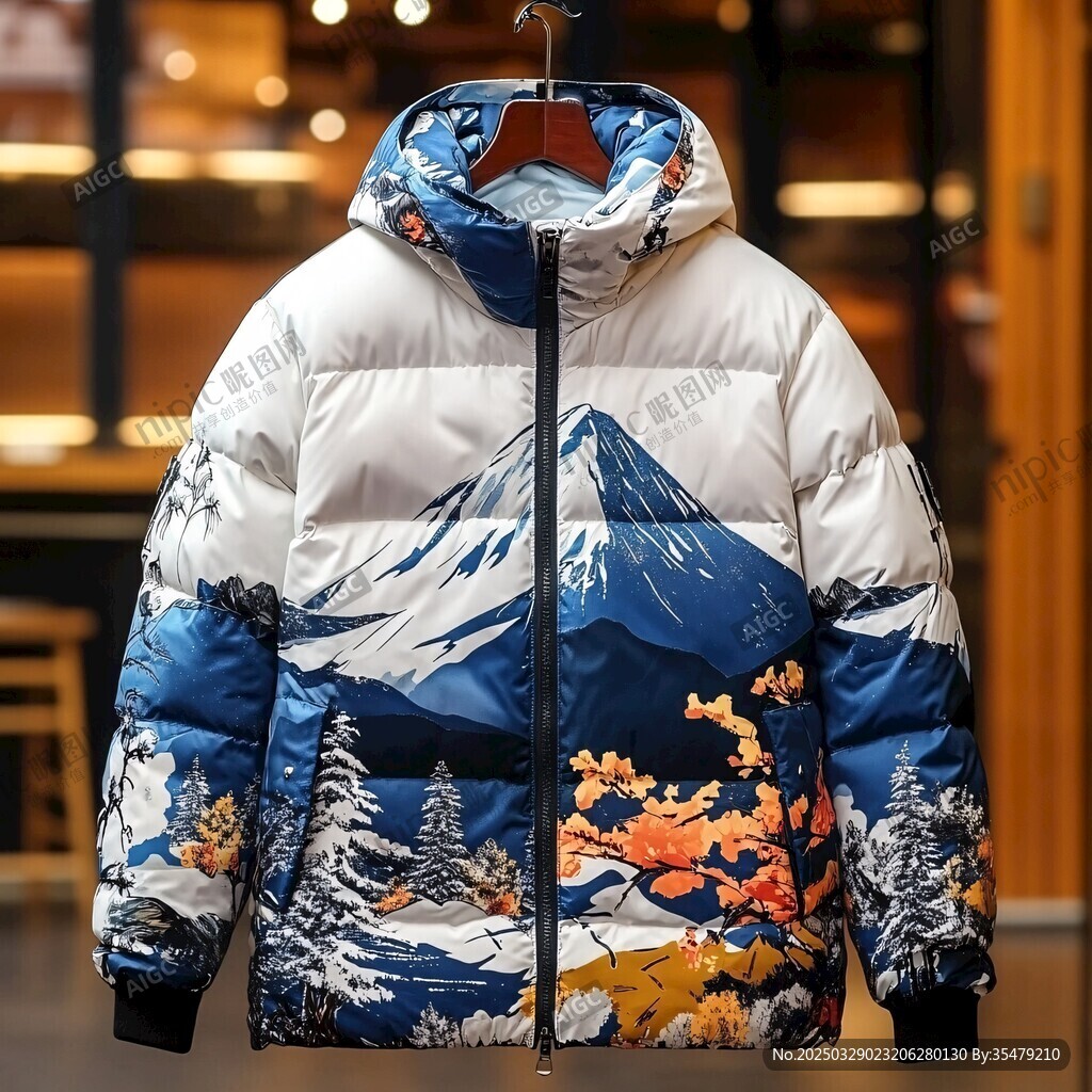 雪山印花連帽保暖羽絨服
