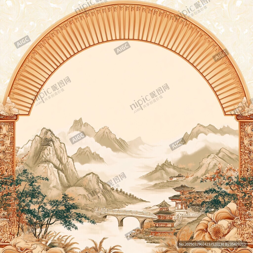 中式拱門山水風景圖