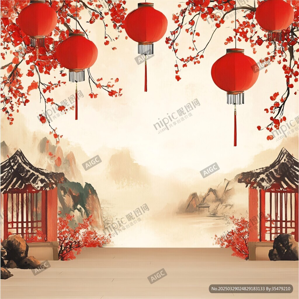 中式古風紅燈籠庭院美景