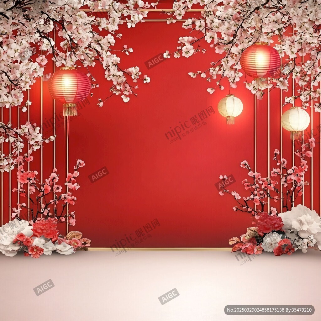 中式喜慶紅墻花卉燈籠景