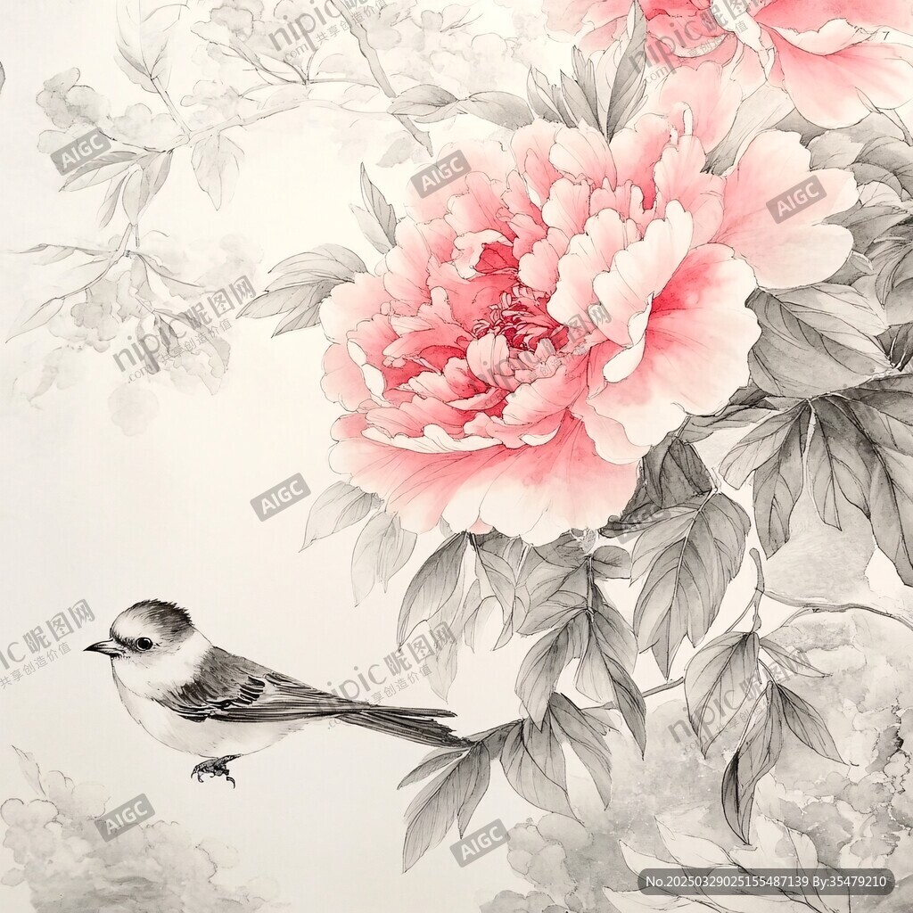 花鳥圖 粉牡丹與棲枝小鳥