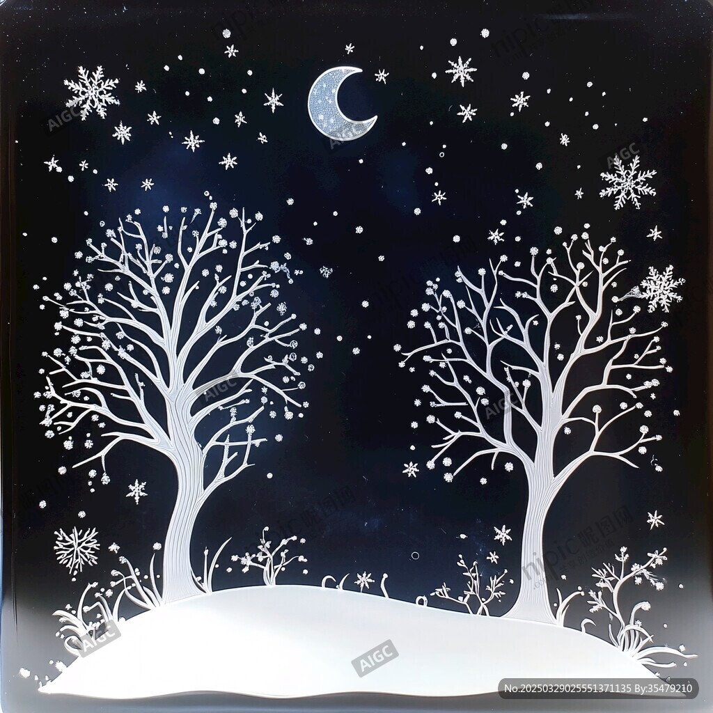 冬夜雪景雙樹與彎月