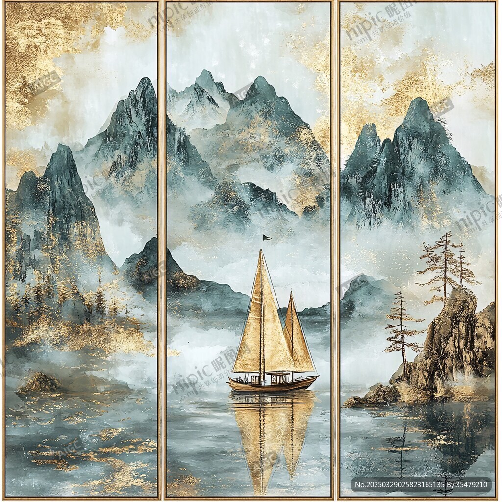 金色山水間的帆船美景