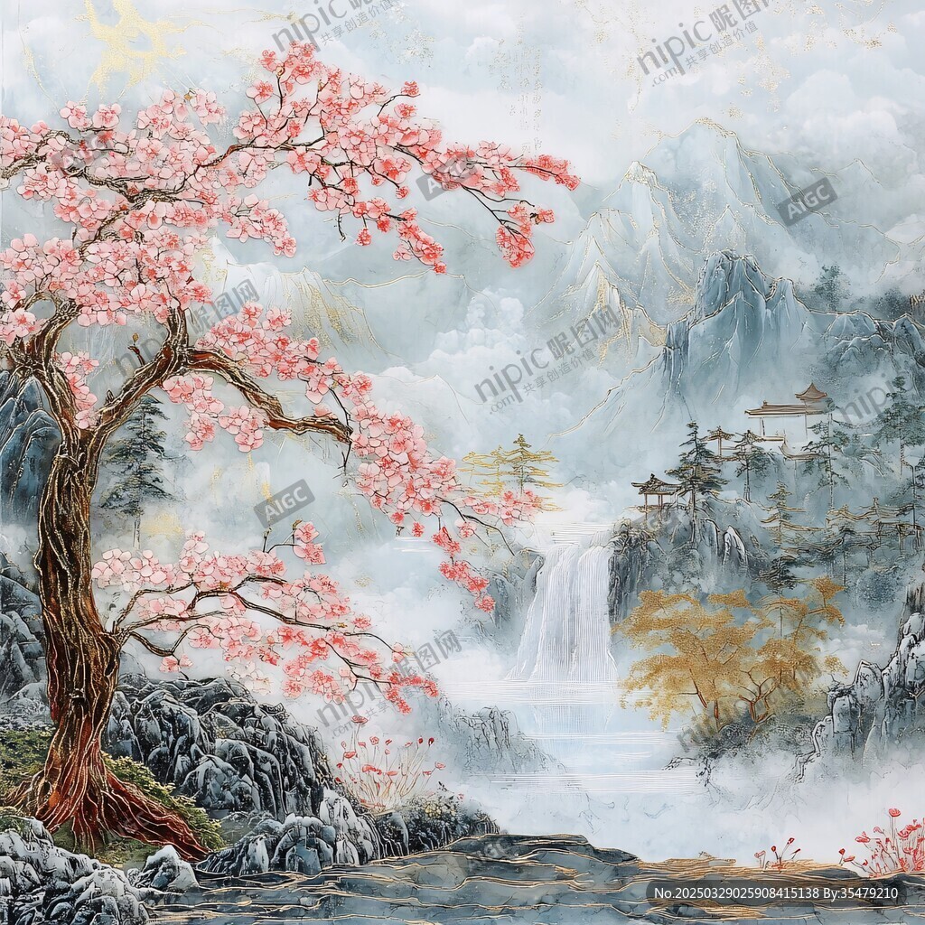 春日山水間的爛漫櫻花樹