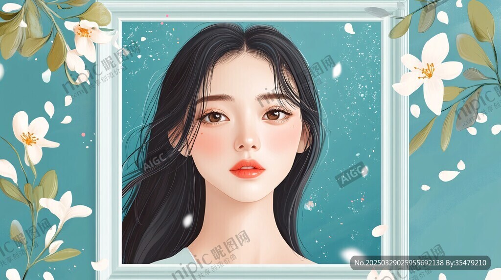夢幻框中少女與花卉