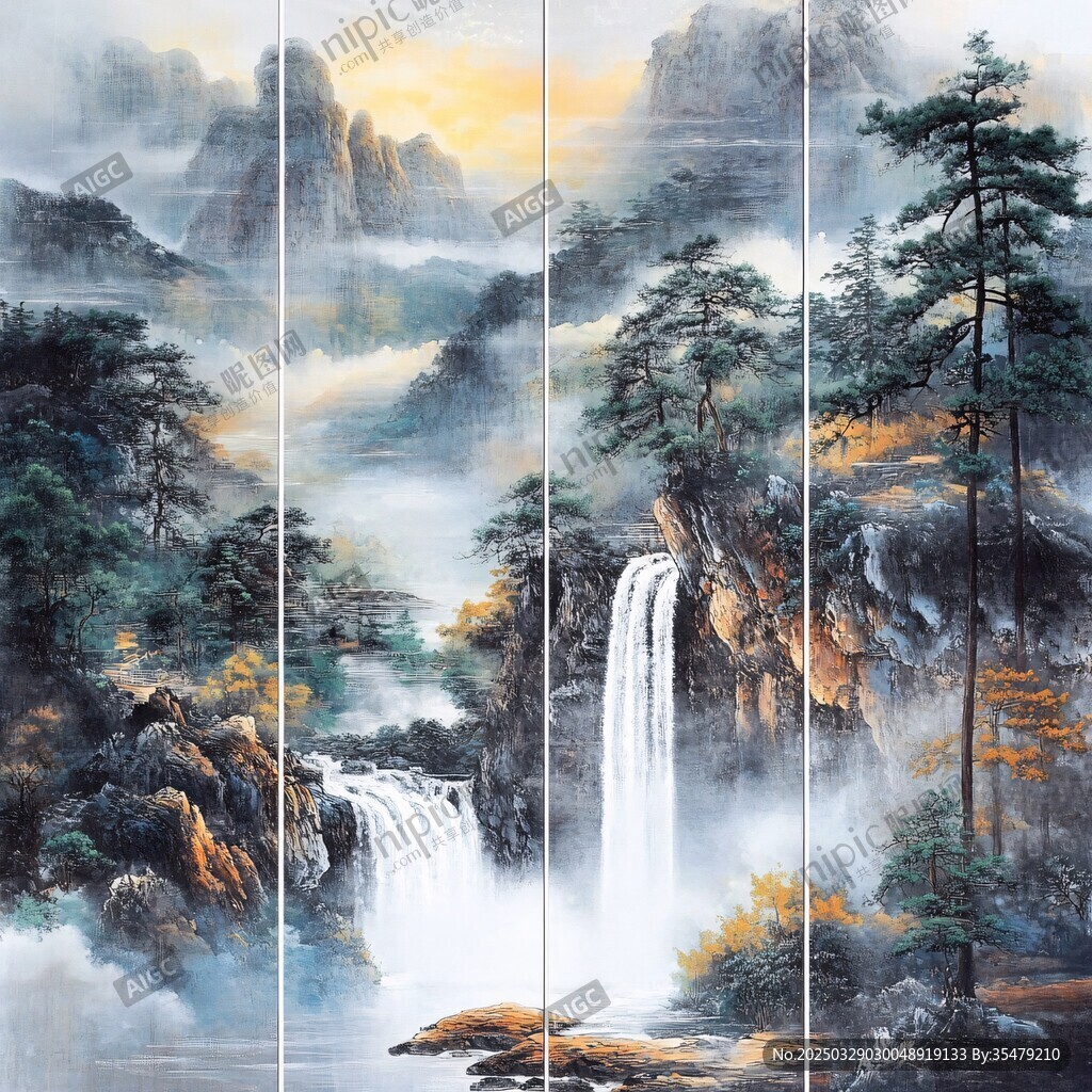山水墨韻四屏圖