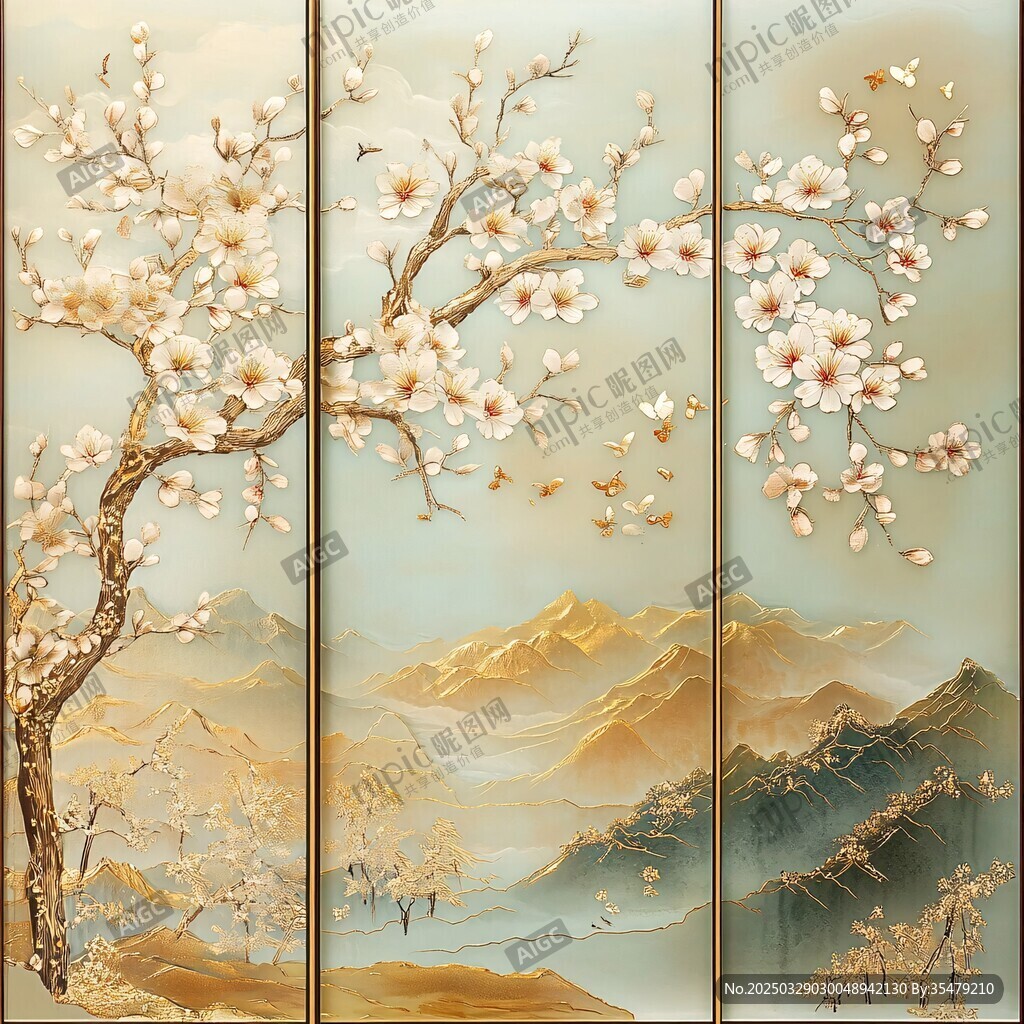 新中式花鳥山水屏風(fēng)畫