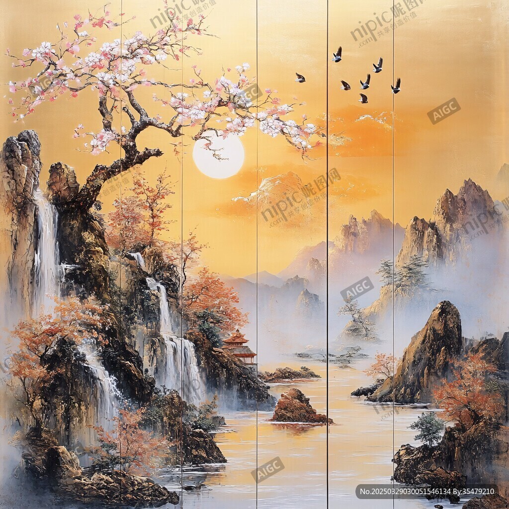 山水月夜圖 花鳥共賞景