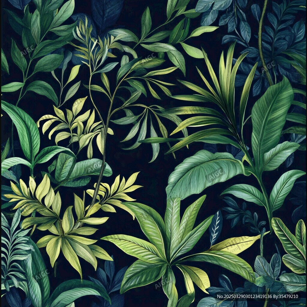 熱帶植物手繪深色背景圖案