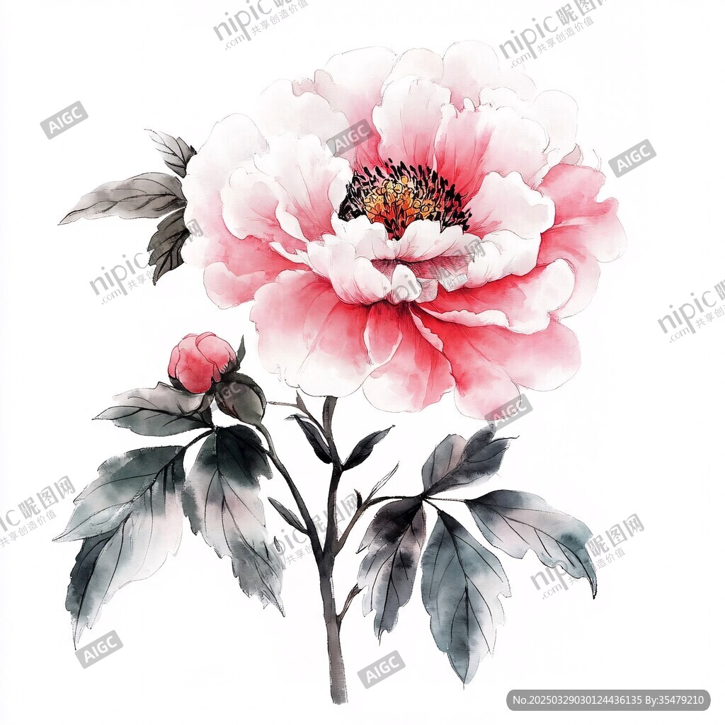水墨風(fēng)盛開的嬌艷牡丹花
