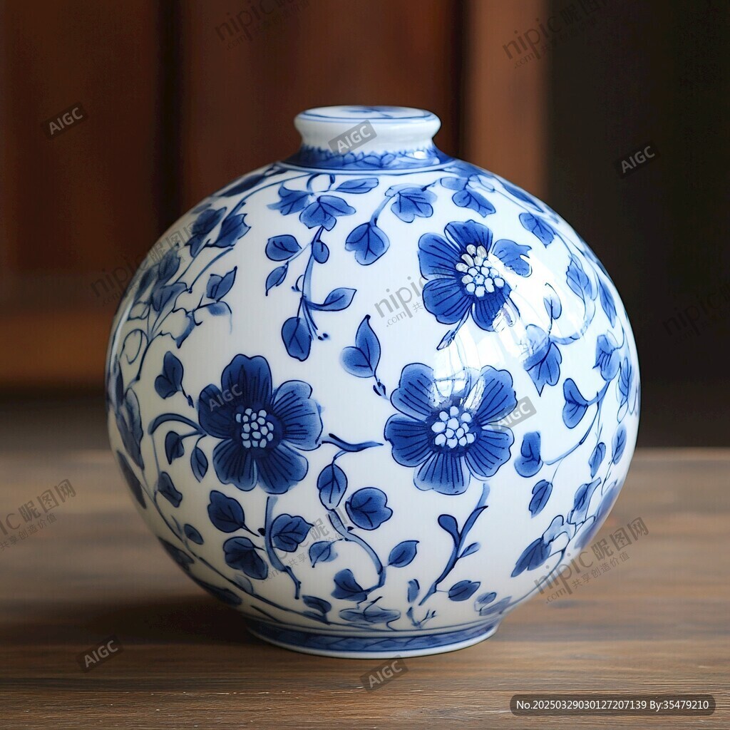 藍(lán)白花卉紋中式陶瓷花瓶