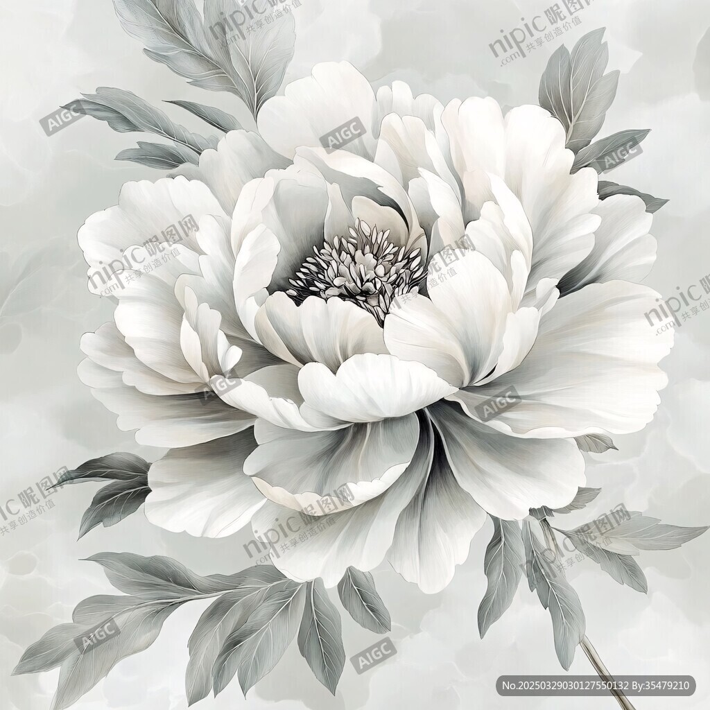 水墨風格白牡丹花卉圖