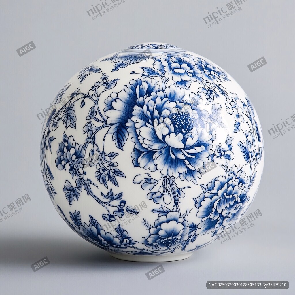 青花瓷牡丹紋球形瓷器