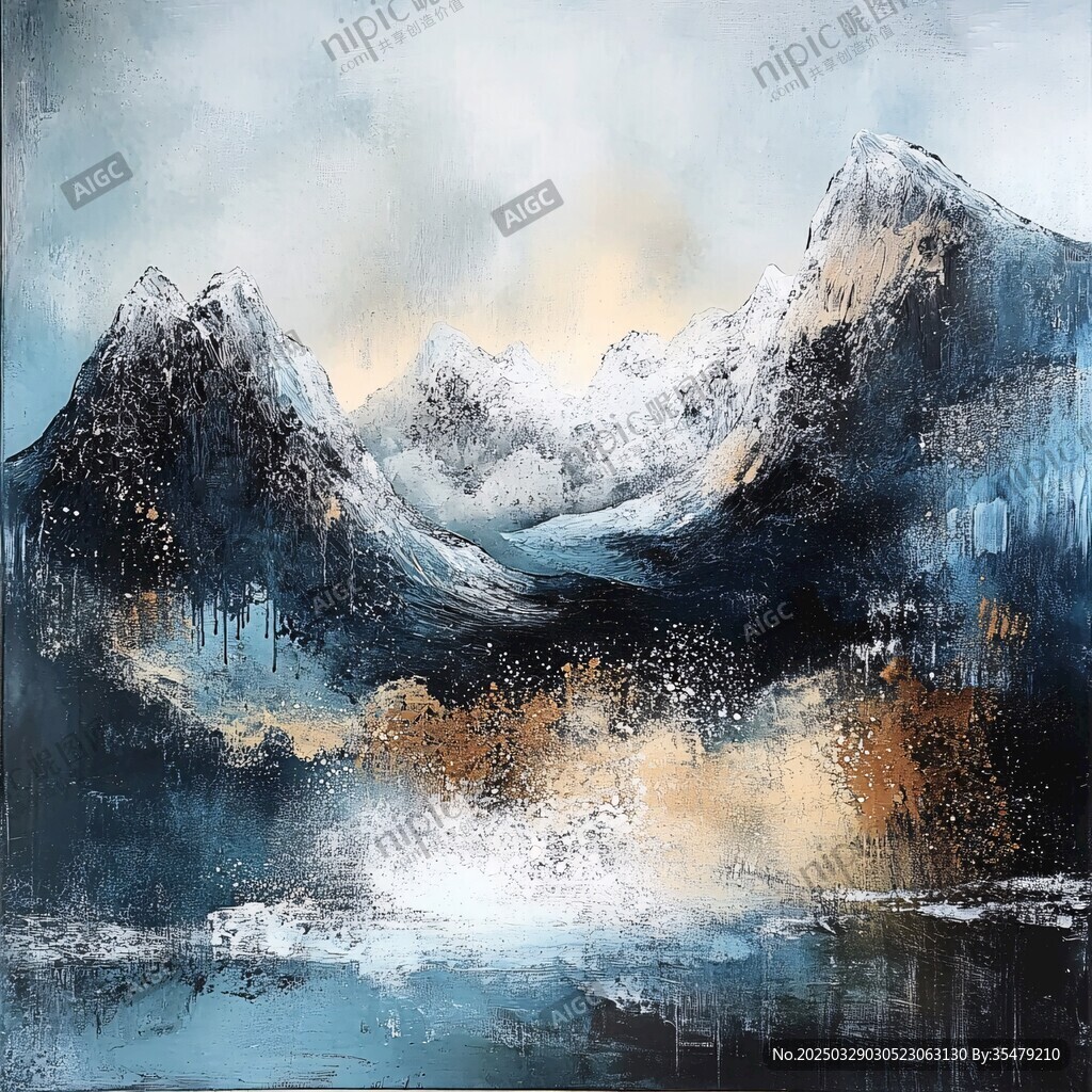水墨風雪山藝術畫作