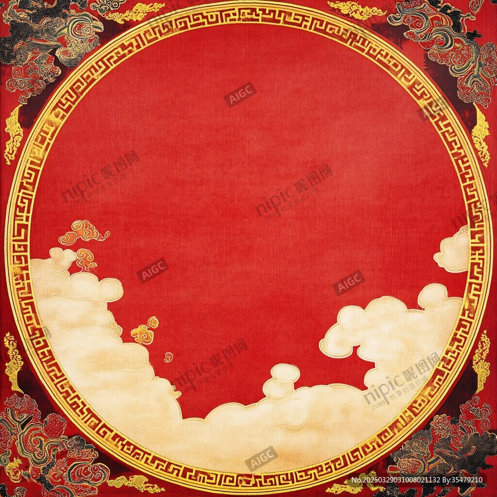 中式紅底云紋圓形裝飾圖