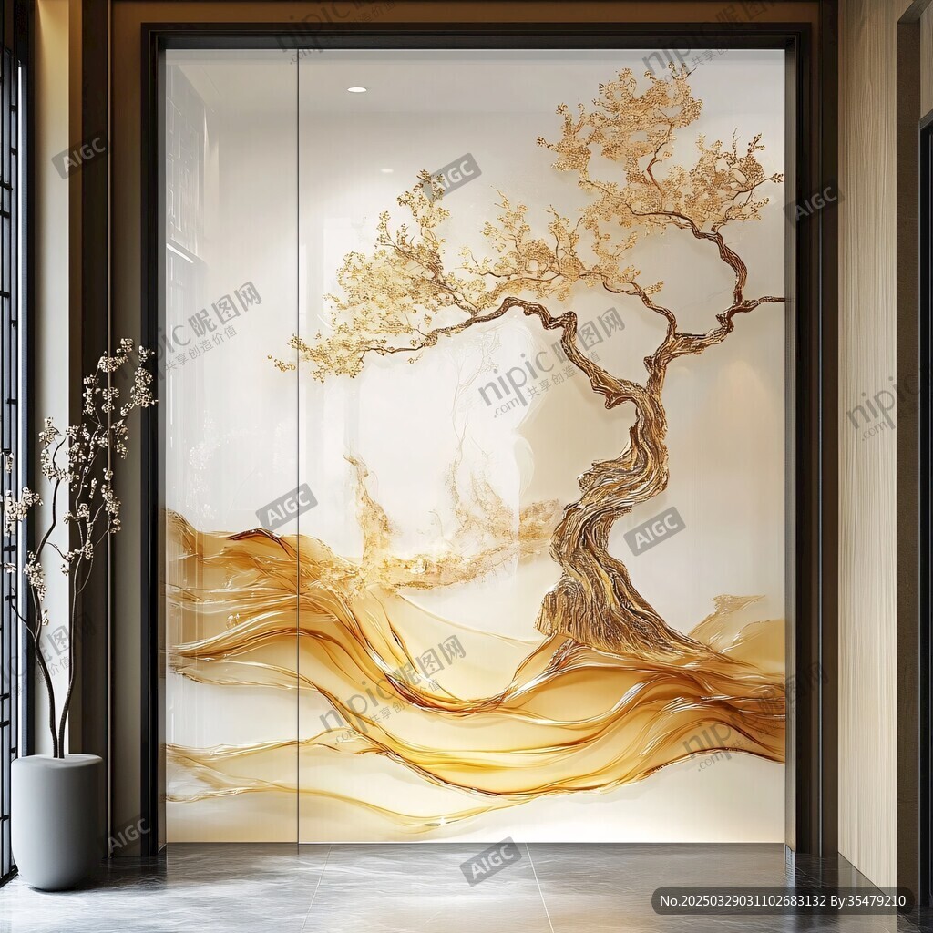 中式玄關(guān)金色樹紋藝術(shù)背景墻