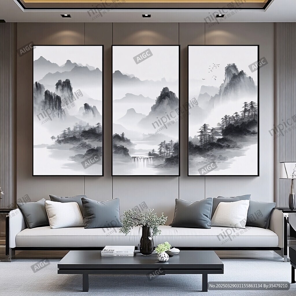 中式客廳三聯(lián)水墨山水掛畫
