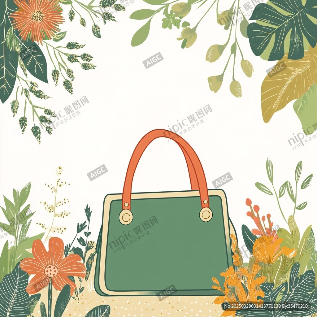 綠葉繁花間的時尚手提包