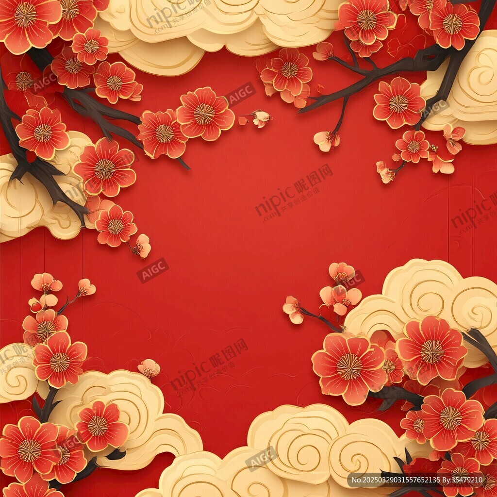 紅梅祥云賀歲喜慶背景圖