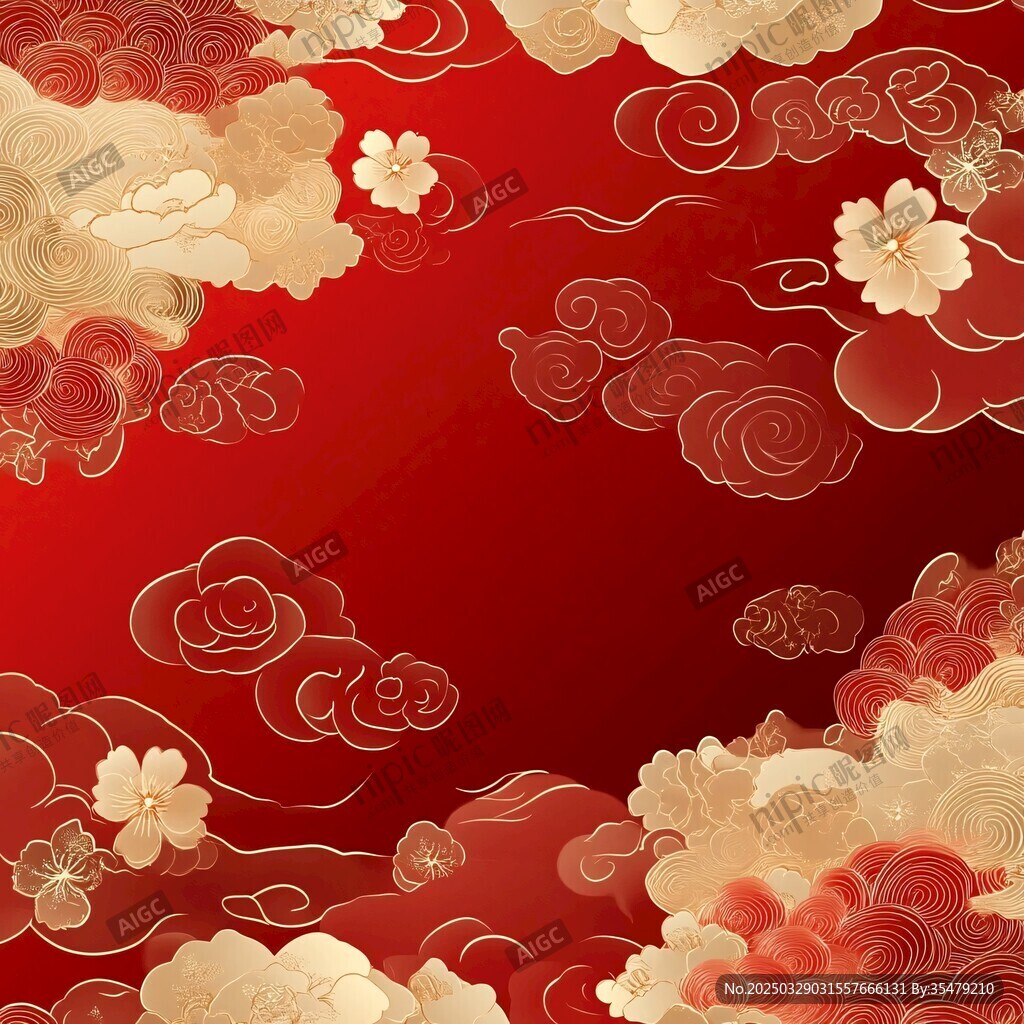 中式紅金祥云花卉背景圖