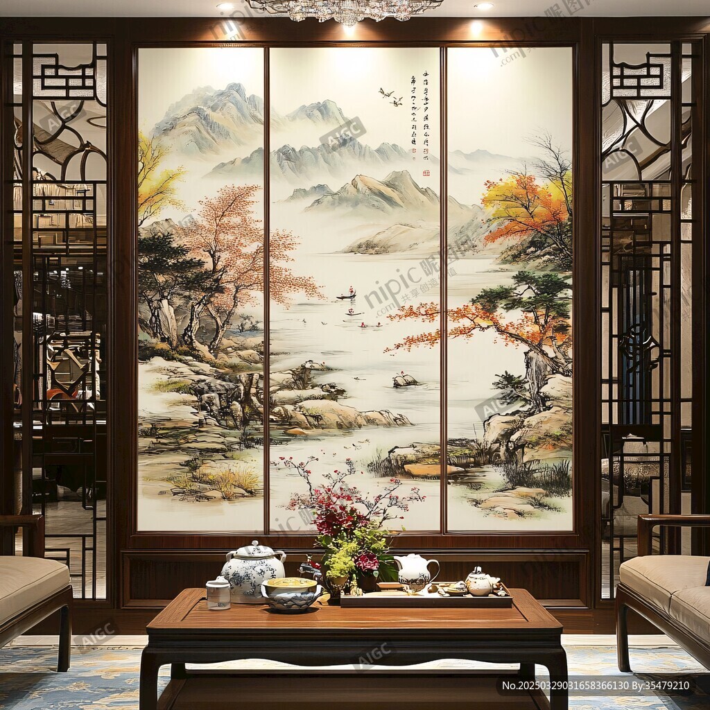 中式山水屏風客廳雅致景