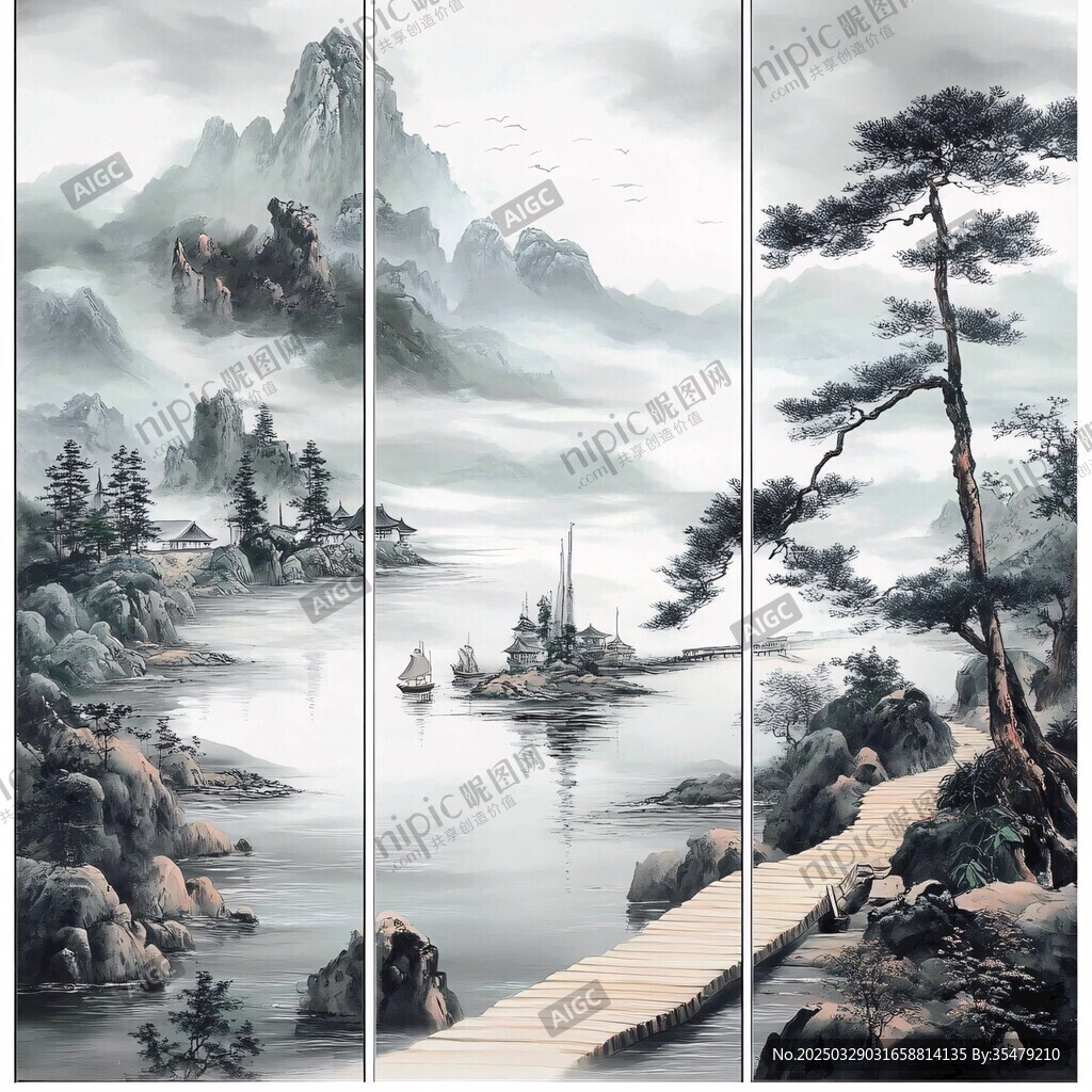 水墨山水三聯(lián)畫(huà)意境悠遠(yuǎn)