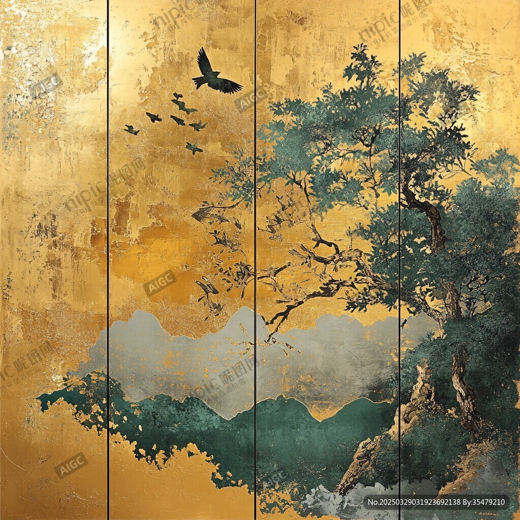 金色山水飛鳥中式屏風畫