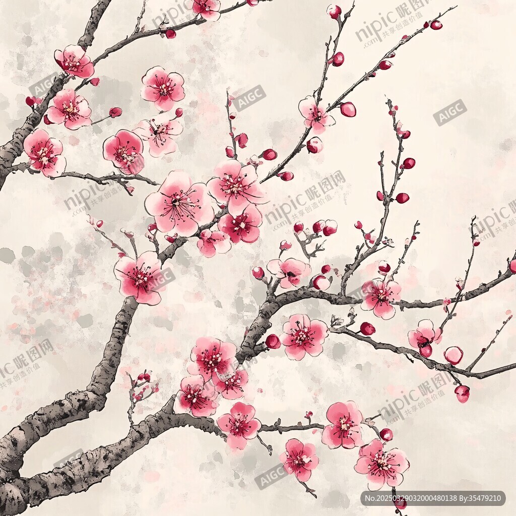 水墨紅梅圖 典雅中式花卉