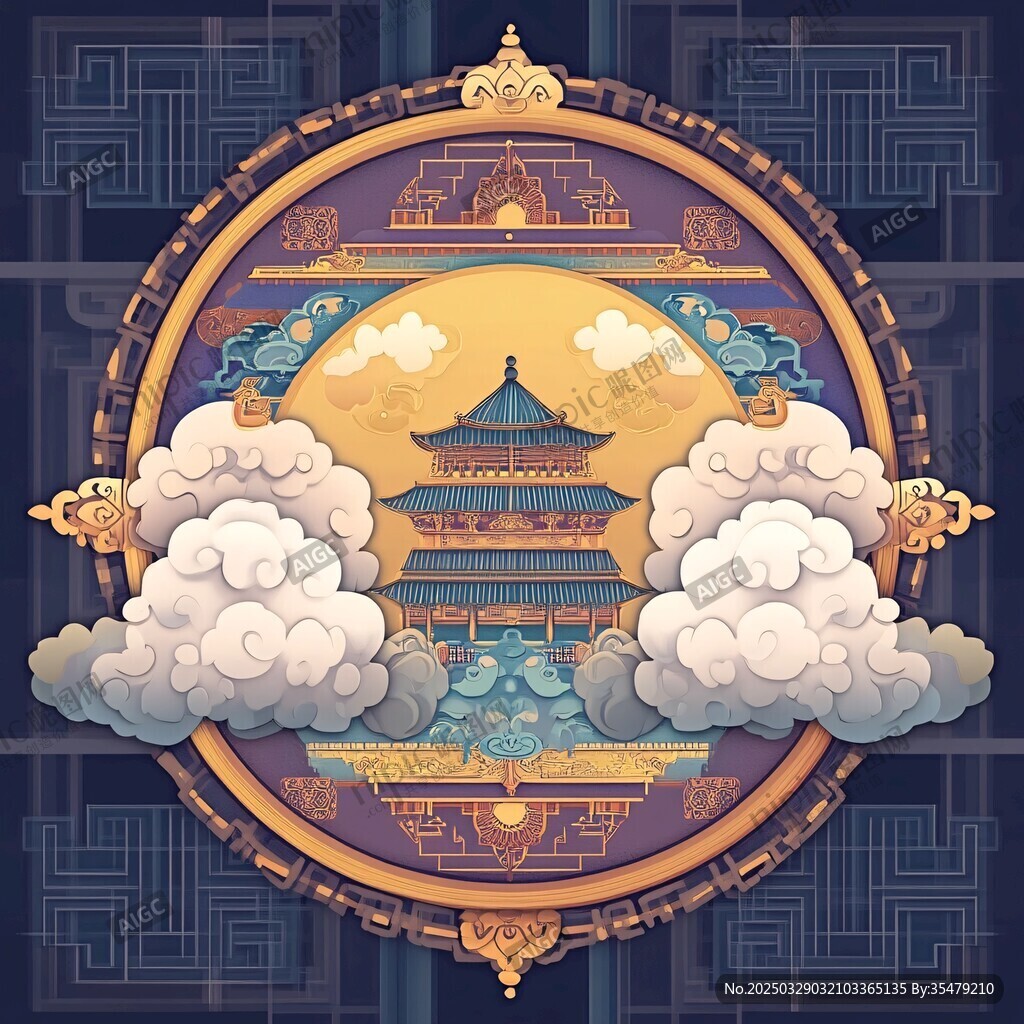 中式古風(fēng)建筑云月插畫