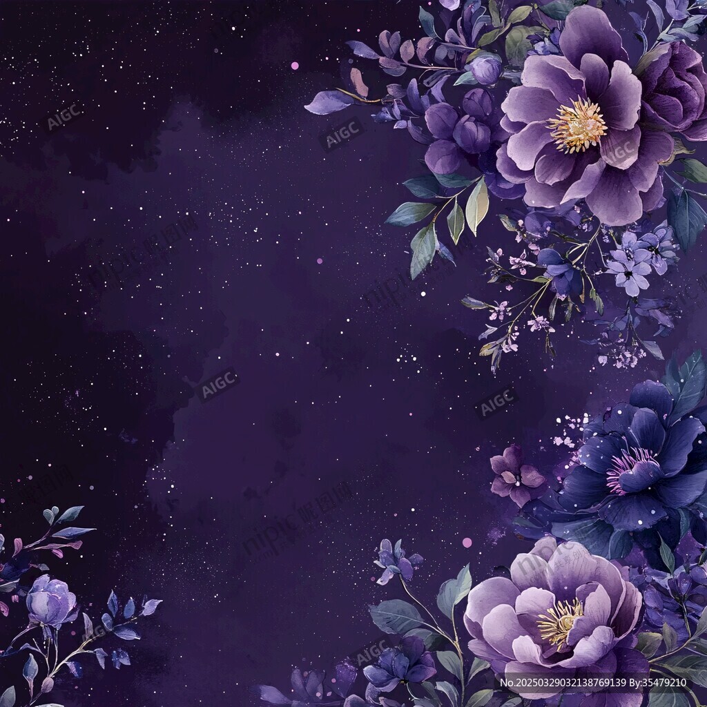 紫色花卉星空夢幻背景圖