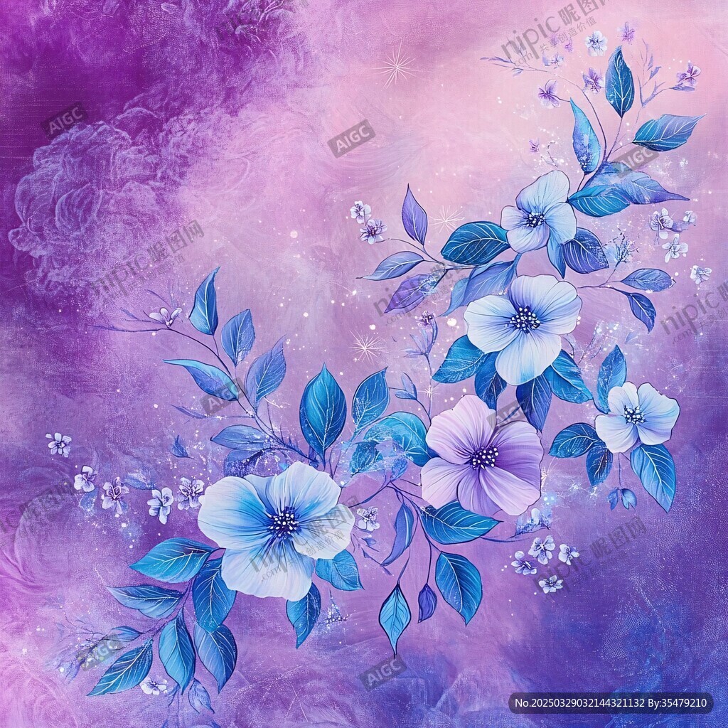夢幻藍紫花卉唯美插畫
