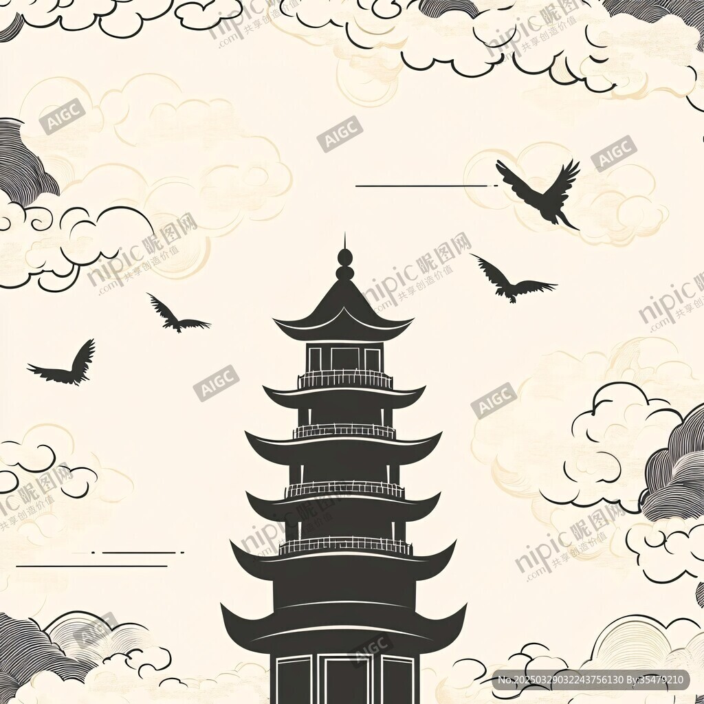 中式古塔飛鳥云海圖