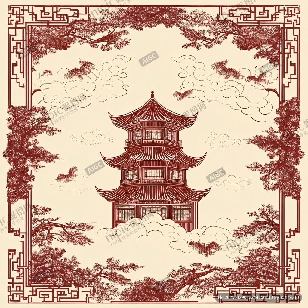 中式古塔云間飛鳥圖景