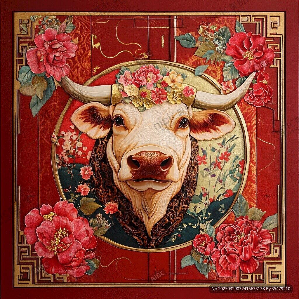 牛年花卉裝飾藝術(shù)插畫
