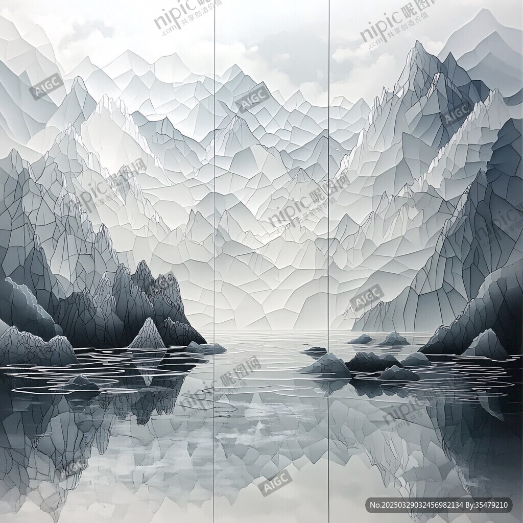 水墨風(fēng)立體山川湖景圖