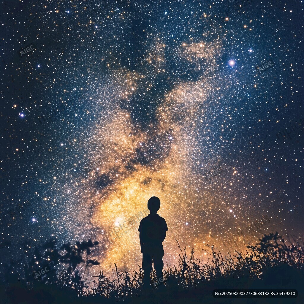少年凝望璀璨星空剪影