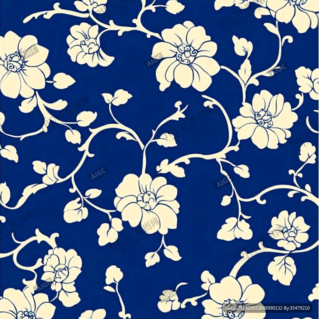 藍(lán)底白花中式花卉圖案