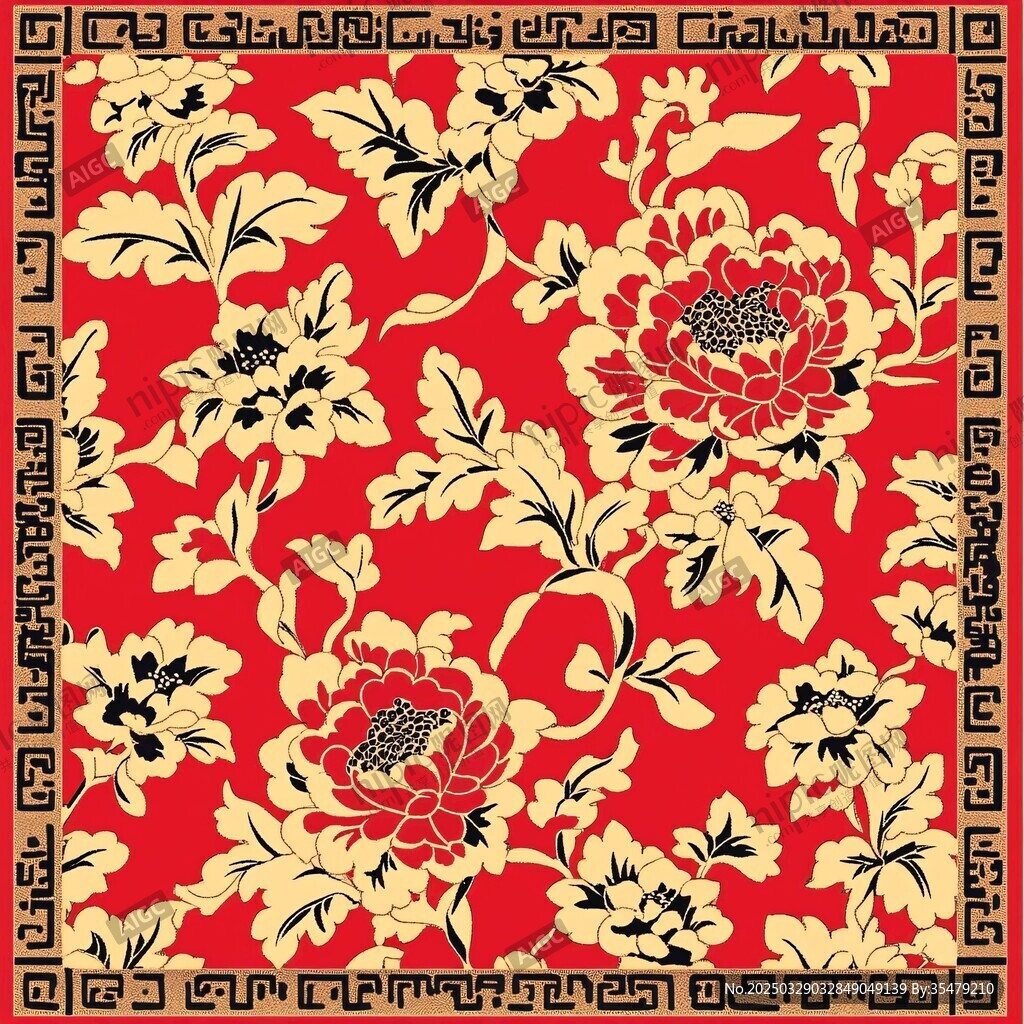 中式紅底牡丹花紋圖案