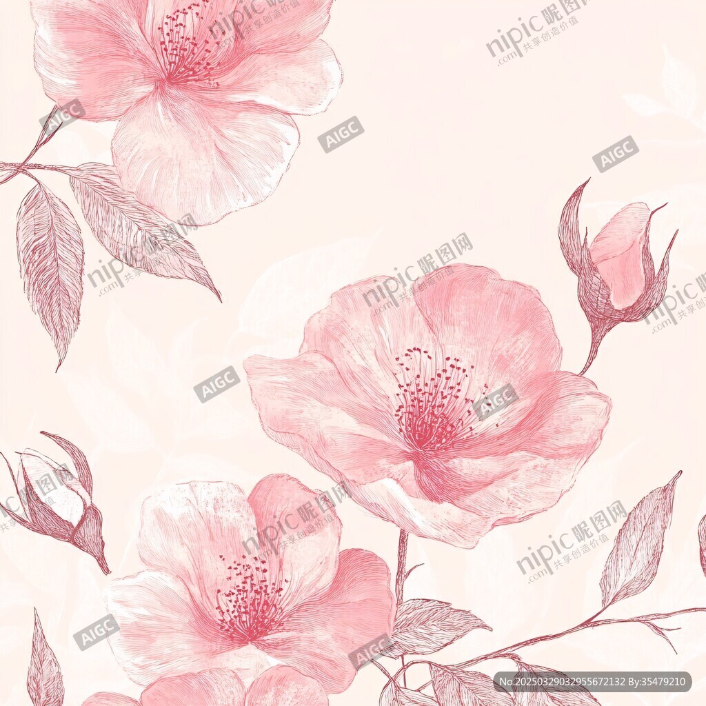 手繪粉色薔薇花卉圖案