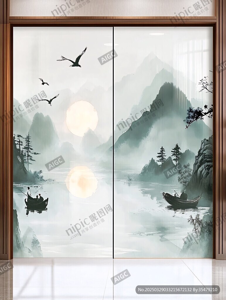 中式山水意境移門圖案