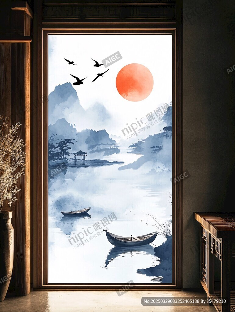 中式水墨山水窗景畫