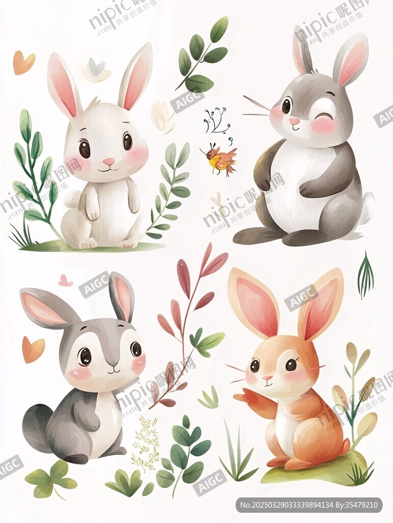 可愛兔子與花草插畫集合