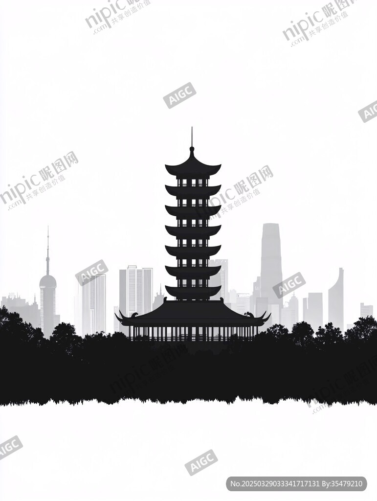 古塔映都市輪廓剪影