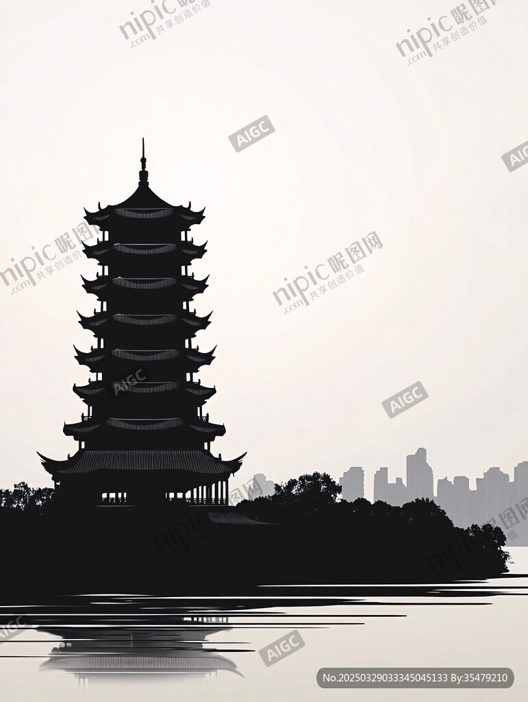 水墨古塔映城市天際線