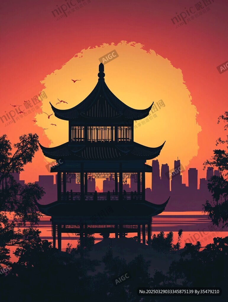 夕陽下的中式樓閣與城市景