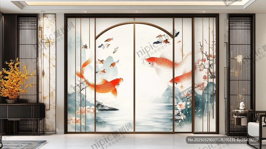 中式錦鯉背景墻室內(nèi)裝飾圖