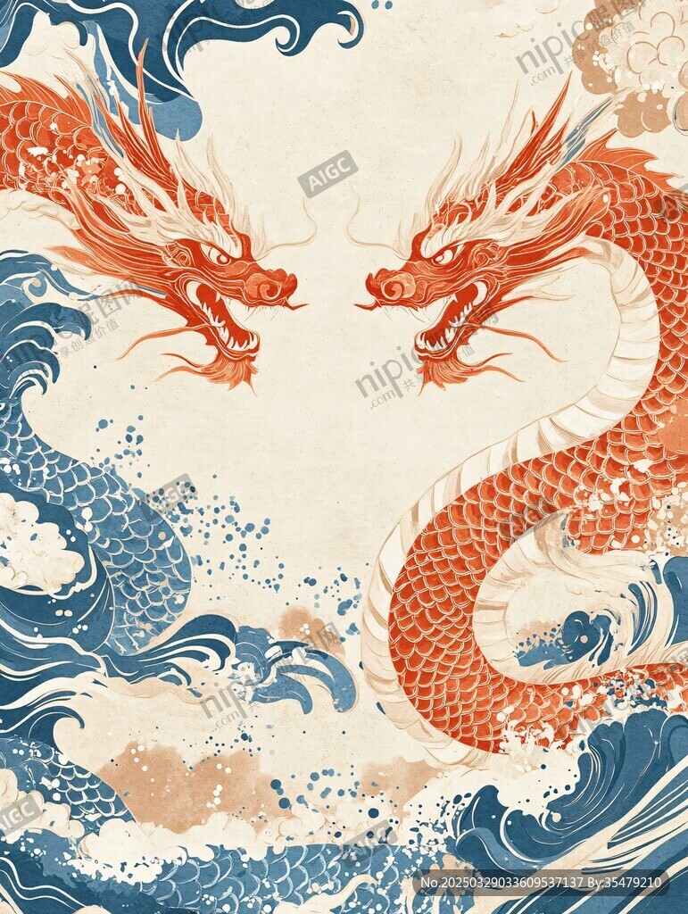 雙龍戲浪圖