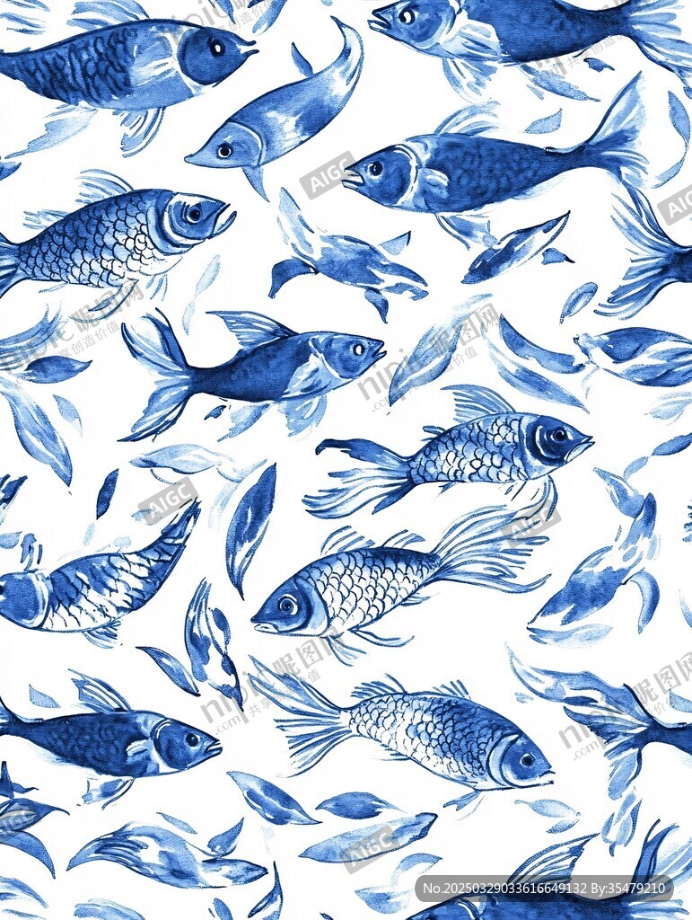 藍(lán)白游魚水彩無縫圖案